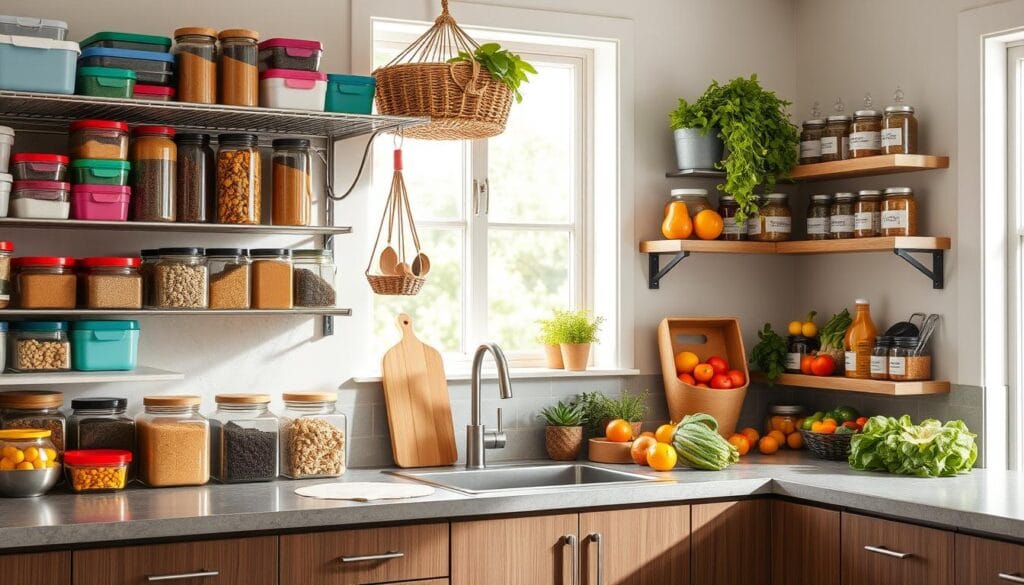 a kitchen with a sink and shelves